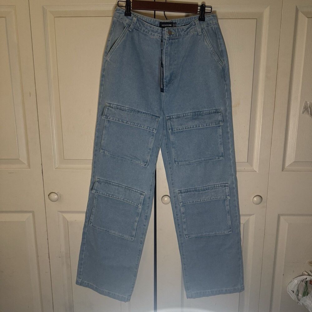 PrettyLittleThing Women's Light Blue Front Cargo Pocket  Wide Leg Jeans Size 10